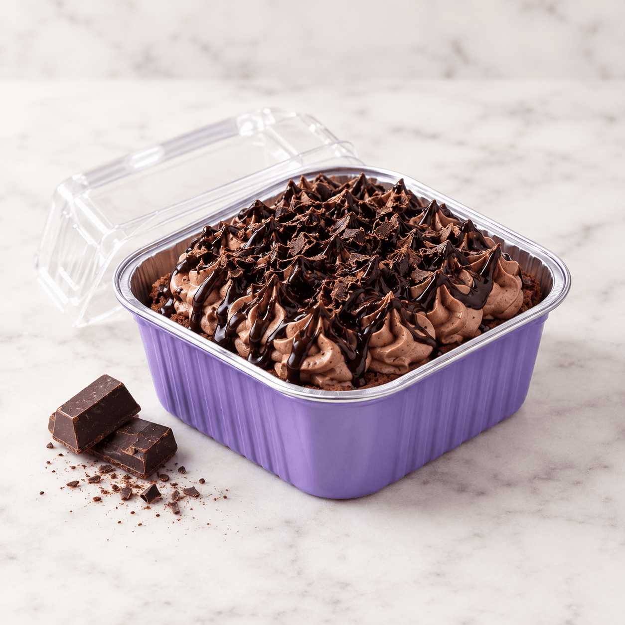 Chocolate Tres tres leches cake with its signature toppings