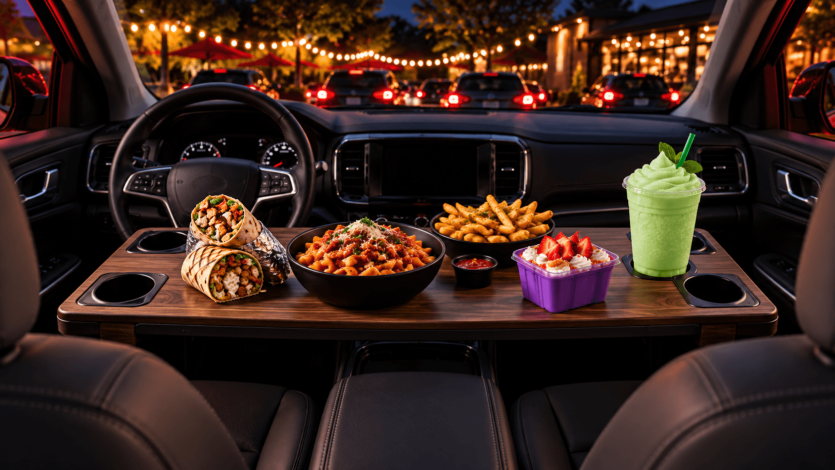 Uncropped concept photograph of the planned removable CRAVUNO car table inside a parked vehicle