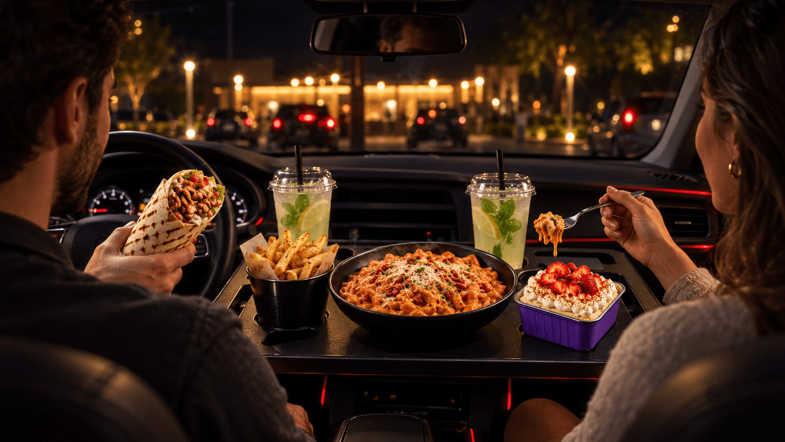 CRAVUNO Drive-In Dining concept shown from inside a car
