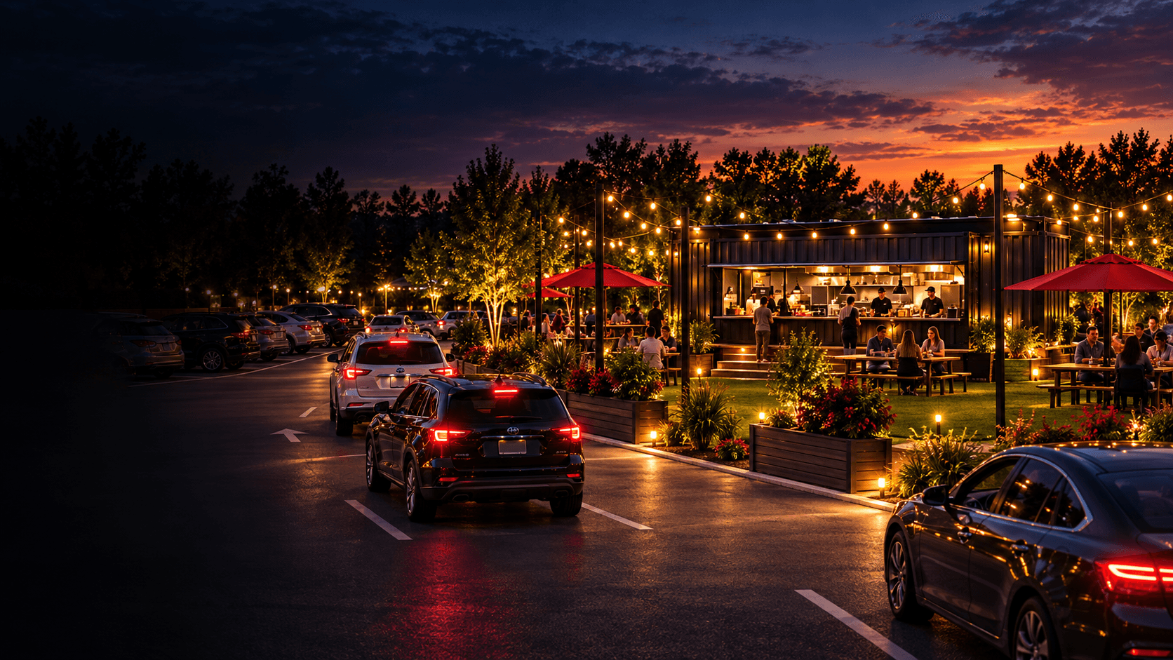 CRAVUNO Main Street concept with a modular food pavilion, Drive-In spaces and an outdoor lawn