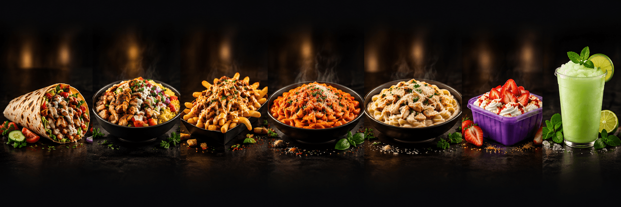 Seven uncropped CRAVUNO menu presentations: wrap, bowl, loaded fries, two pastas, tres leches and limonana