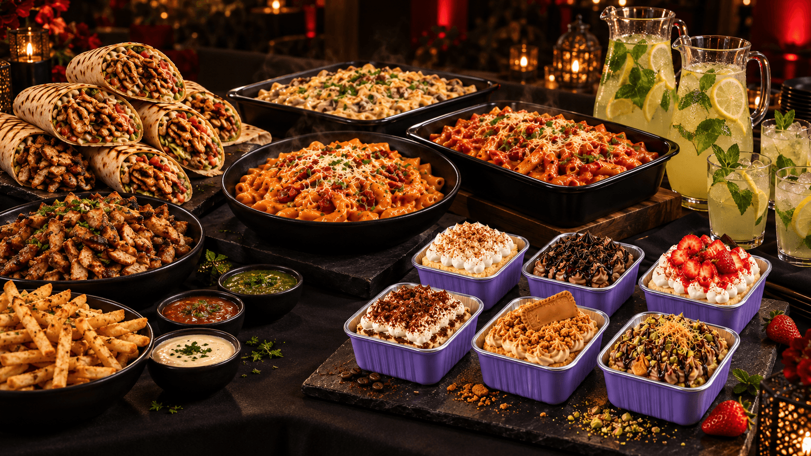 CRAVUNO catering presentation with dishes from all three brands