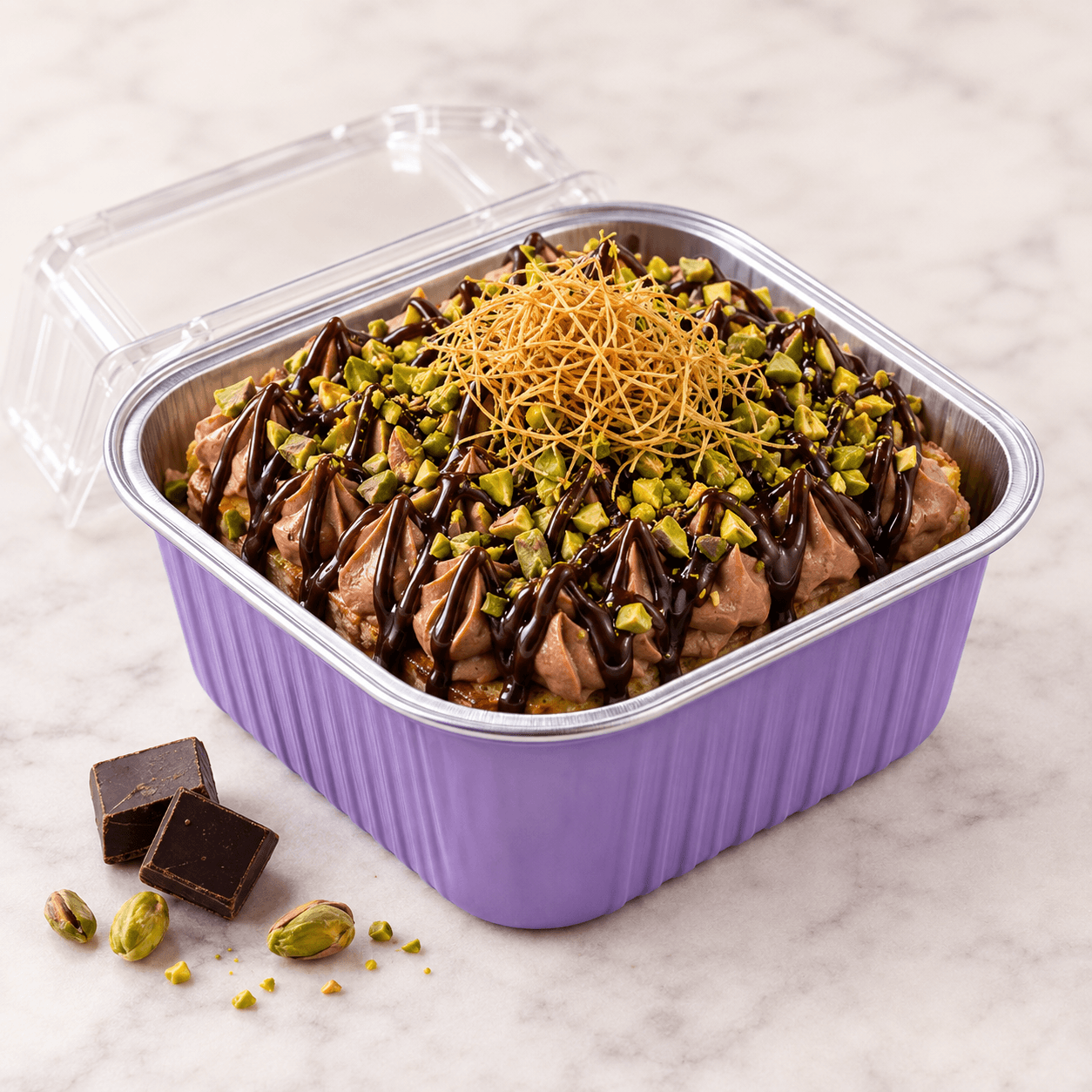 Dubai Chocolate Tres tres leches cake with its signature toppings