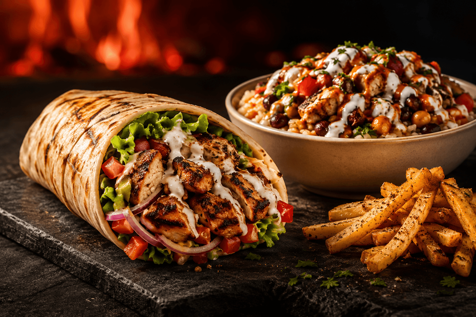 Fire-grilled SHERWARMA wrap with seasoned fries