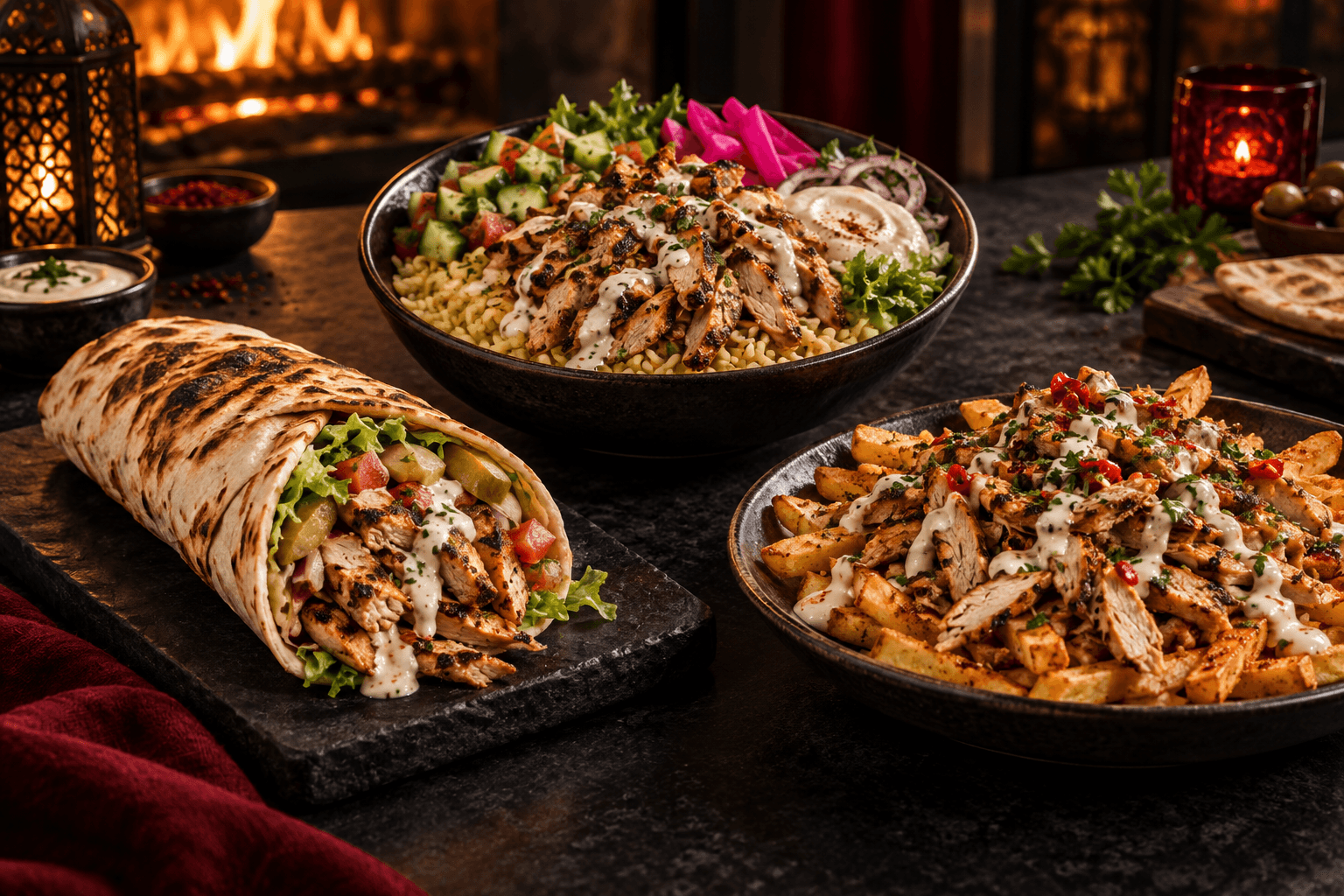 Chicken shawarma wrap, shawarma bowl and loaded shawarma fries