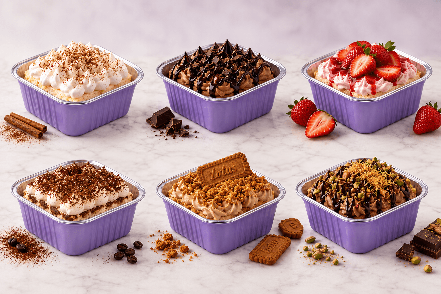 Six Tres Bar tres leches flavors in purple cups